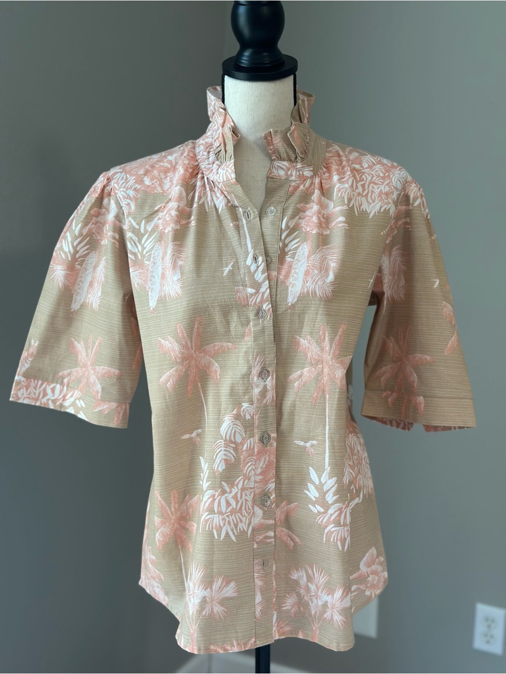 Sheridan French Ripley Blouse w/Tropical Toile Print and Ruffles Collar